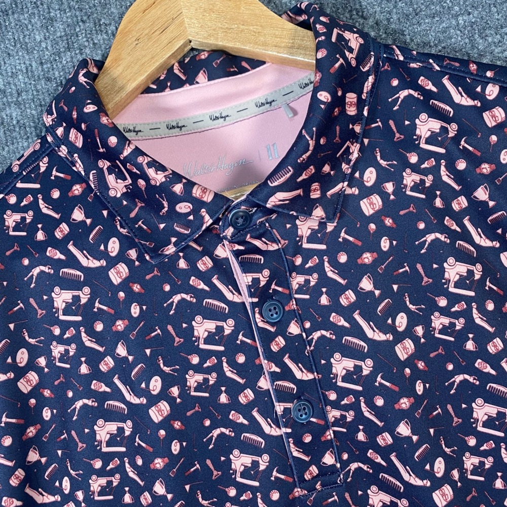 Walter Hagen Golf Polo Shirt Mens XL Navy Pink Novelty Print Performance Preppy